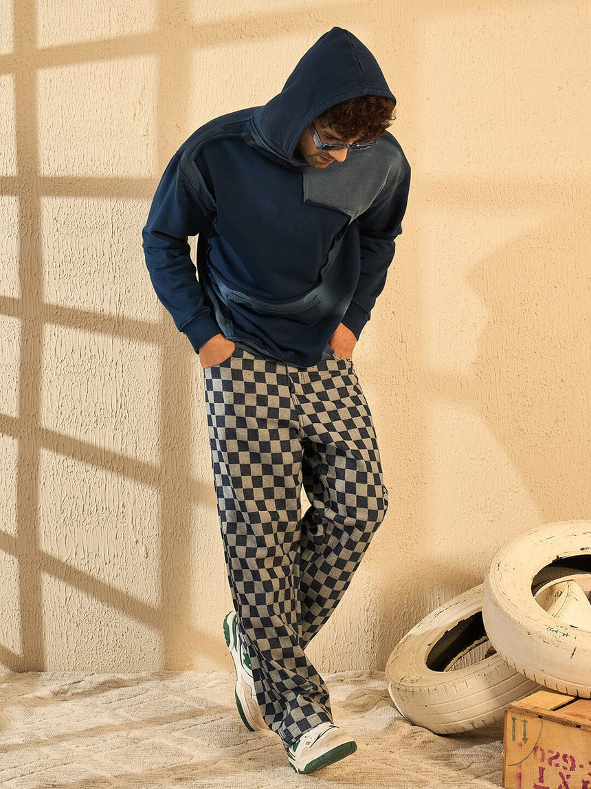 Navy Faded Cut Sew Oversized Hoodie Sweatshirts Fugazee