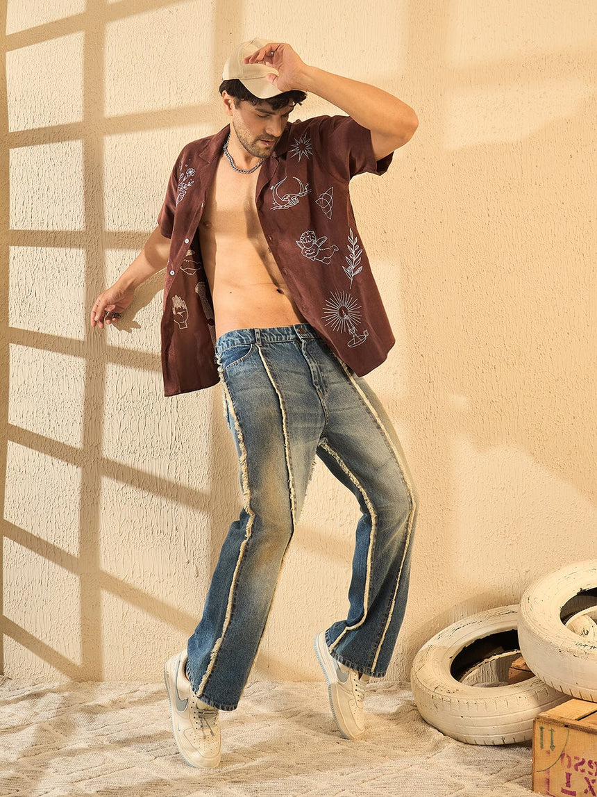 Blue Frayed Wide Leg Denim Jeans Fugazee