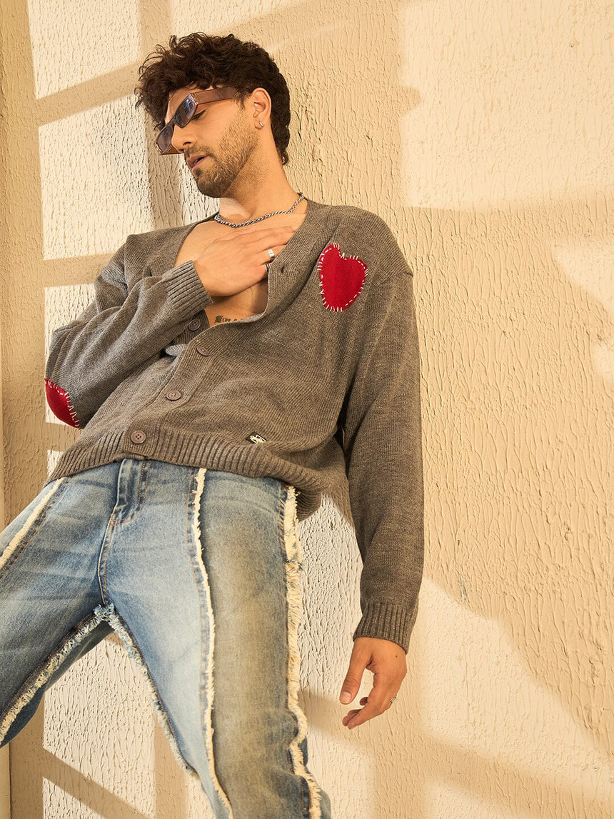 Charcoal Heart Knitted Cardigan Sweaters Fugazee