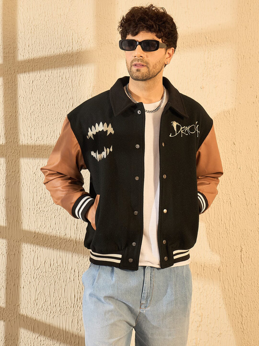 Black Dracula Embroidery Woollen Varsity Jacket Jackets Fugazee