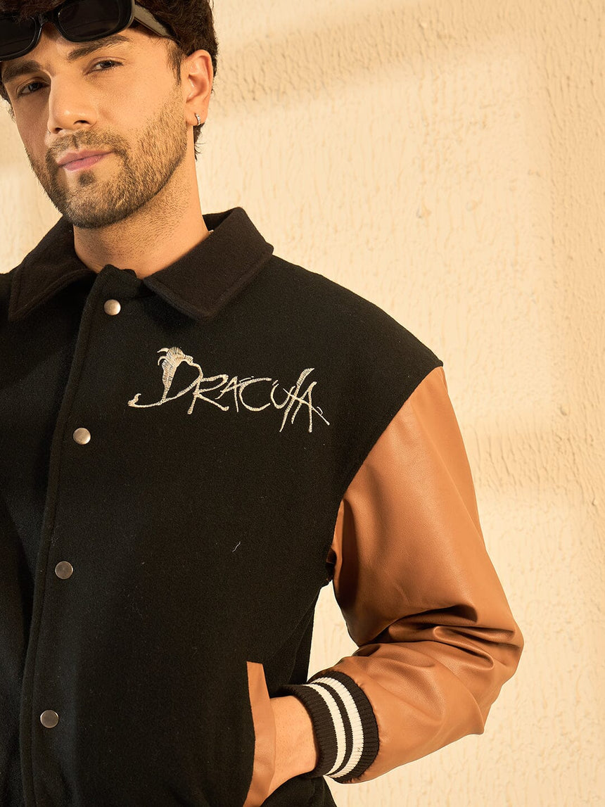 Black Dracula Embroidery Woollen Varsity Jacket Jackets Fugazee