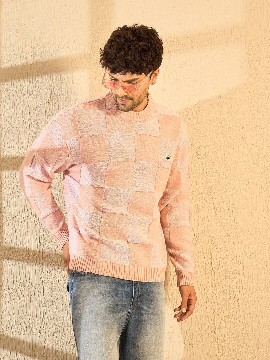 Peach Checkered Oversized Sweater Sweaters Fugazee