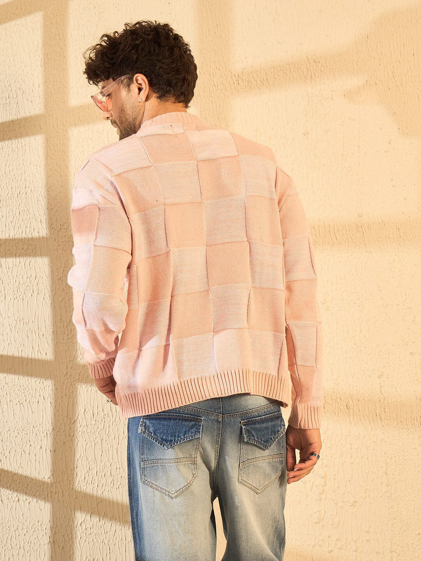 Peach Checkered Oversized Sweater Sweaters Fugazee