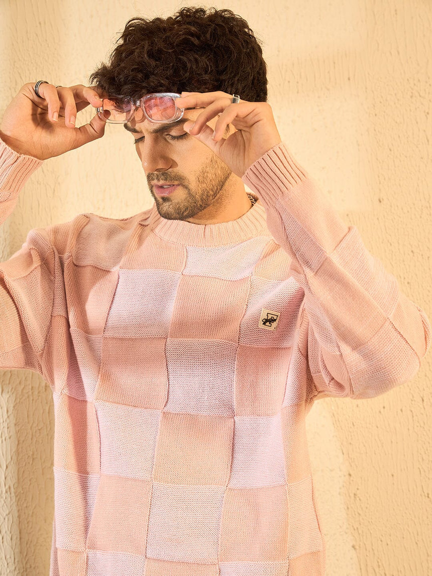 Peach Checkered Oversized Sweater Sweaters Fugazee