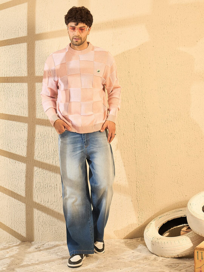 Peach Checkered Oversized Sweater Sweaters Fugazee