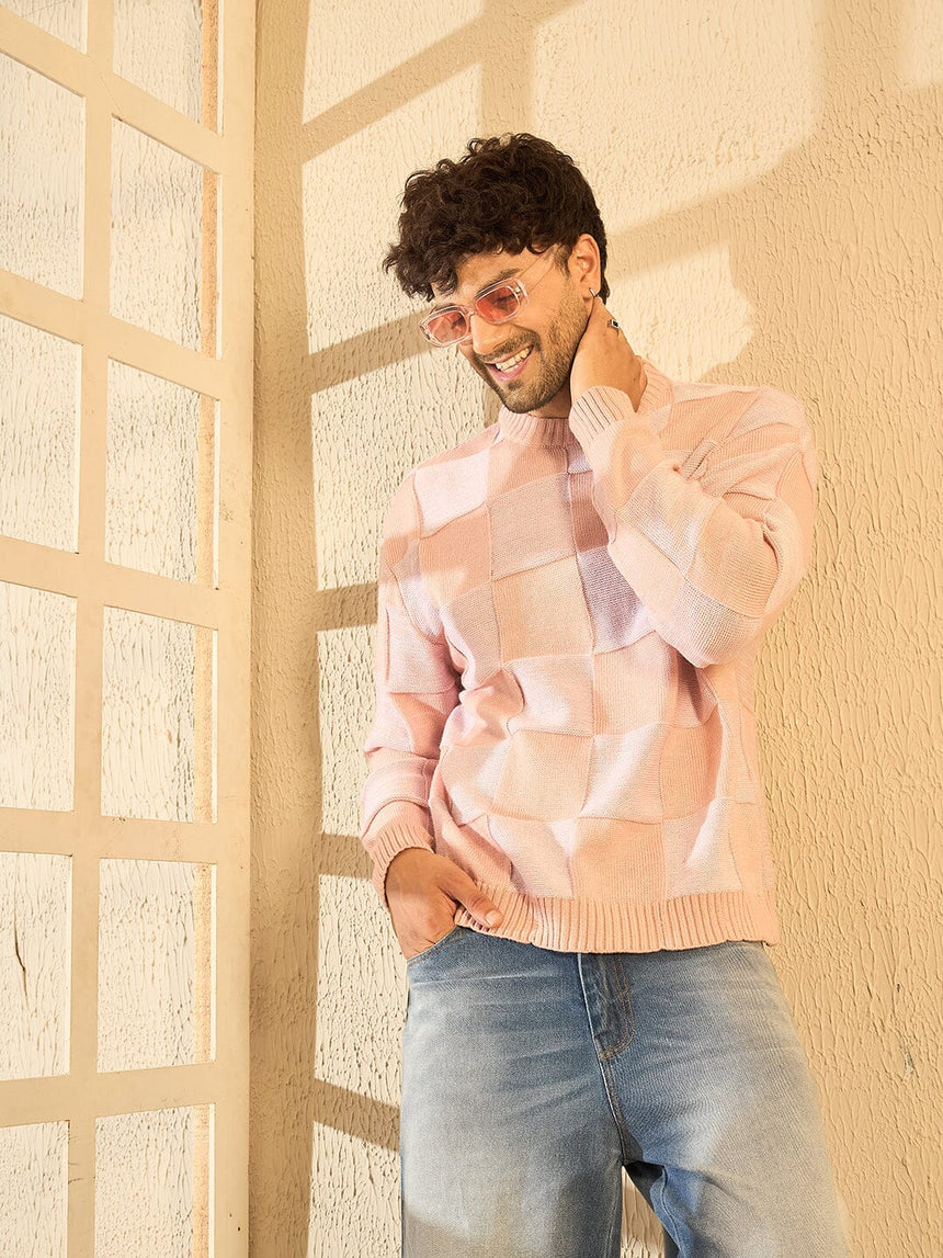 Peach Checkered Oversized Sweater Sweaters Fugazee