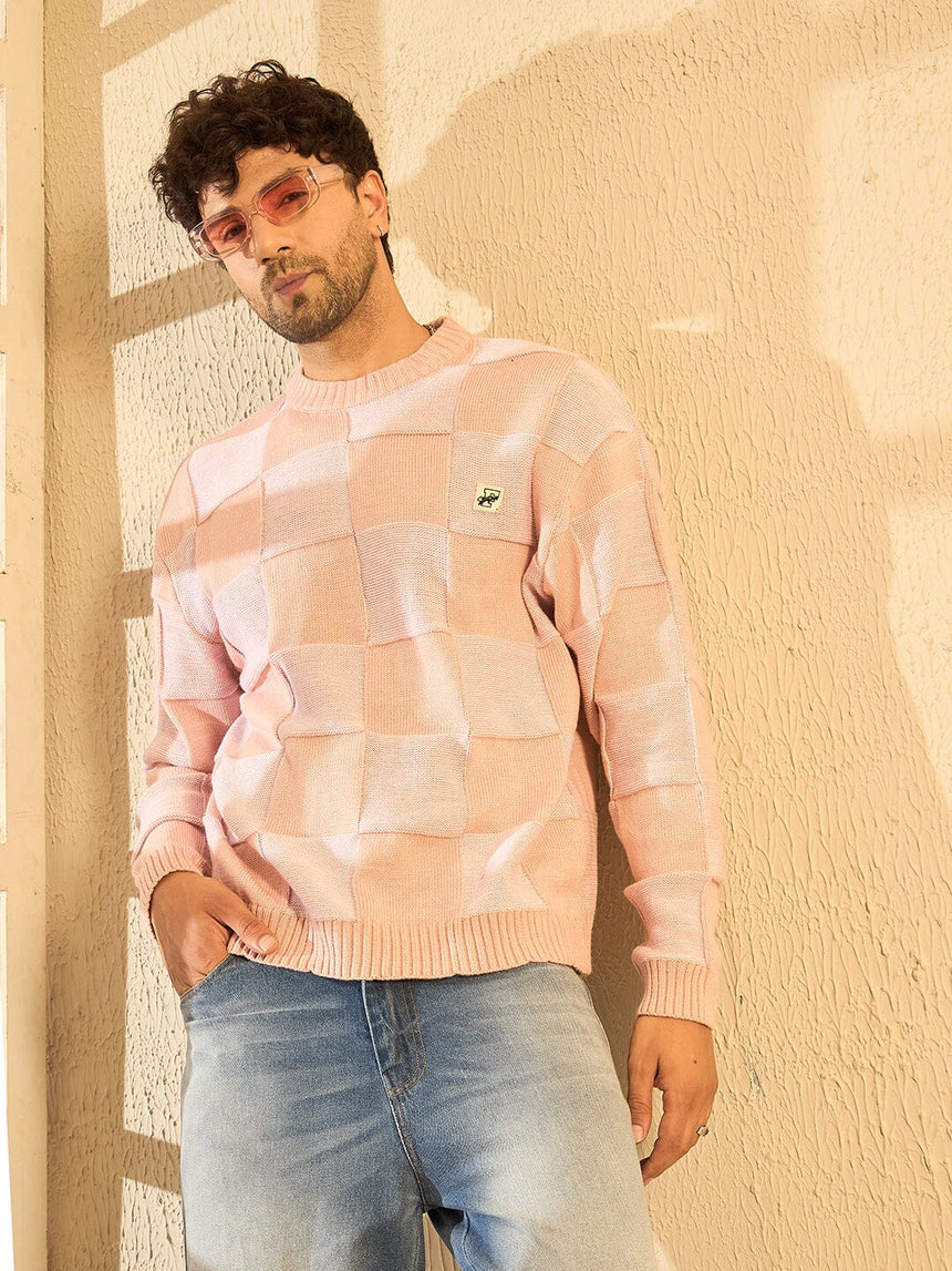Peach Checkered Oversized Sweater Sweaters Fugazee