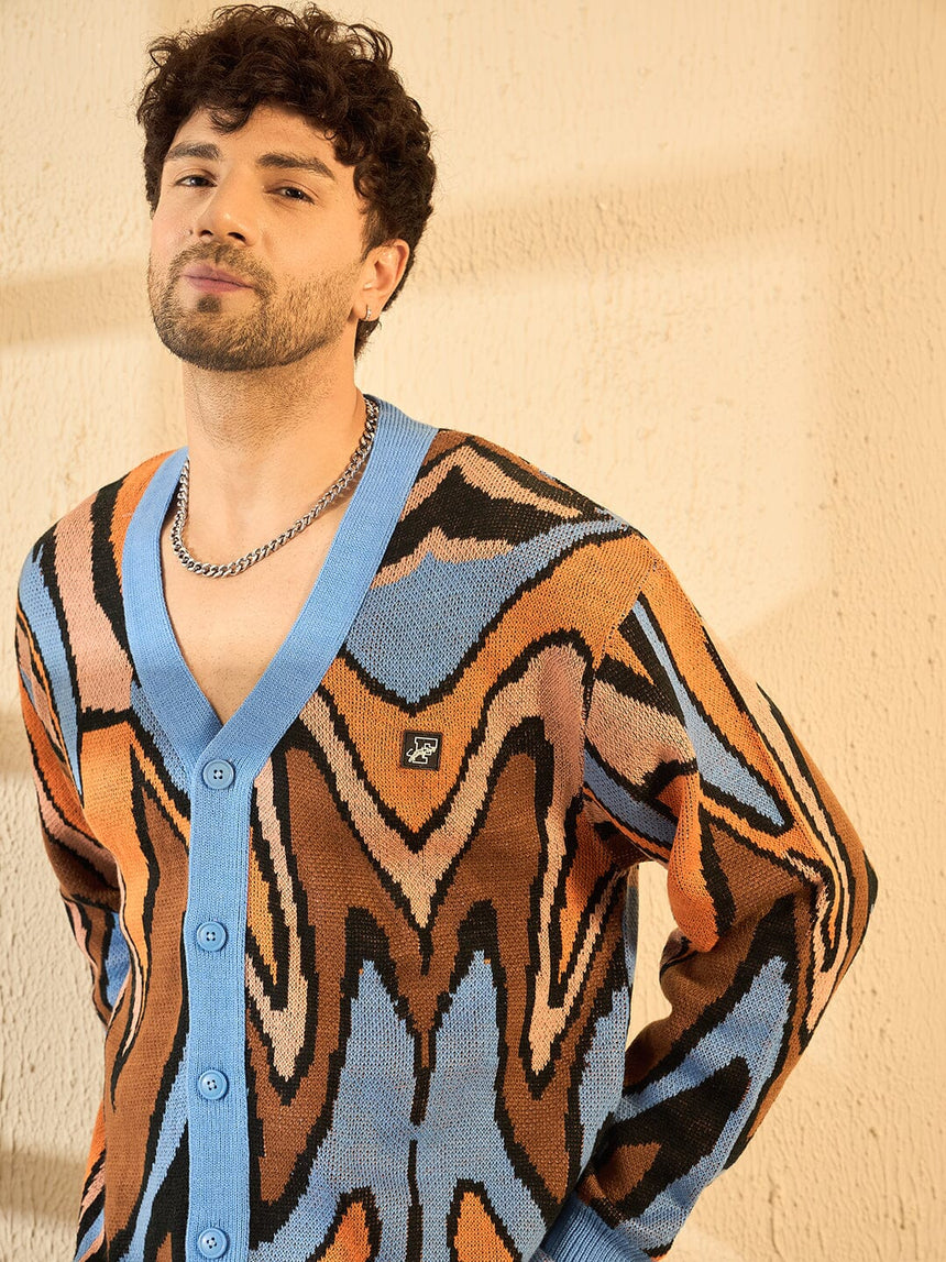Blue Abstract Graphic Cardigan Sweaters Fugazee