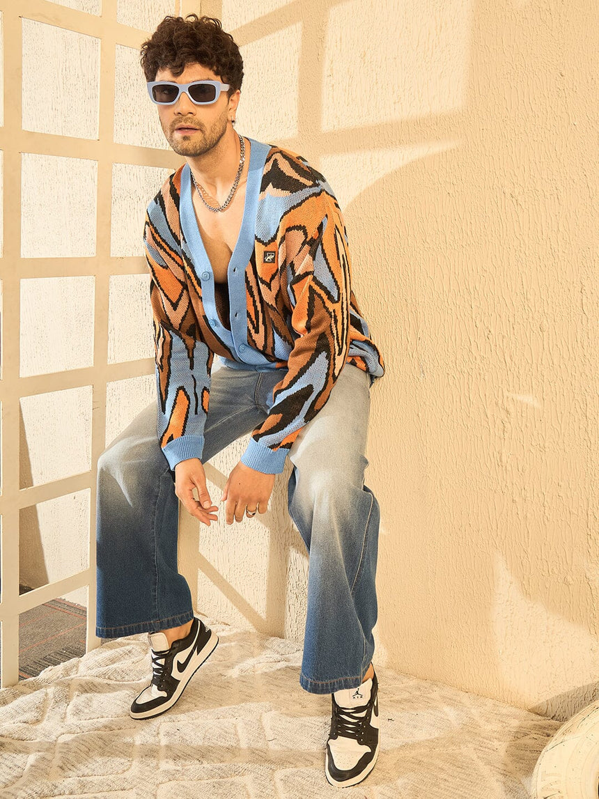 Blue Abstract Graphic Cardigan Sweaters Fugazee