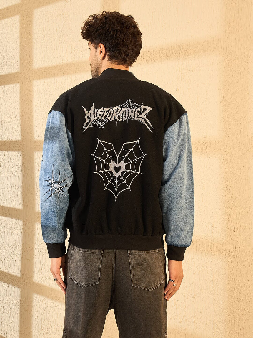 Black Woollen Tattooed Jacket With Denim Sleeves Jackets Fugazee