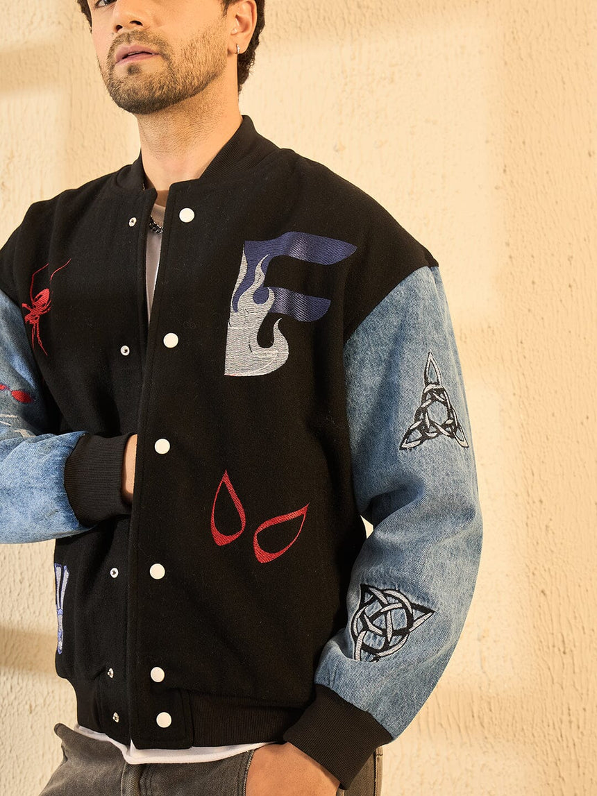 Black Woollen Tattooed Jacket With Denim Sleeves Jackets Fugazee