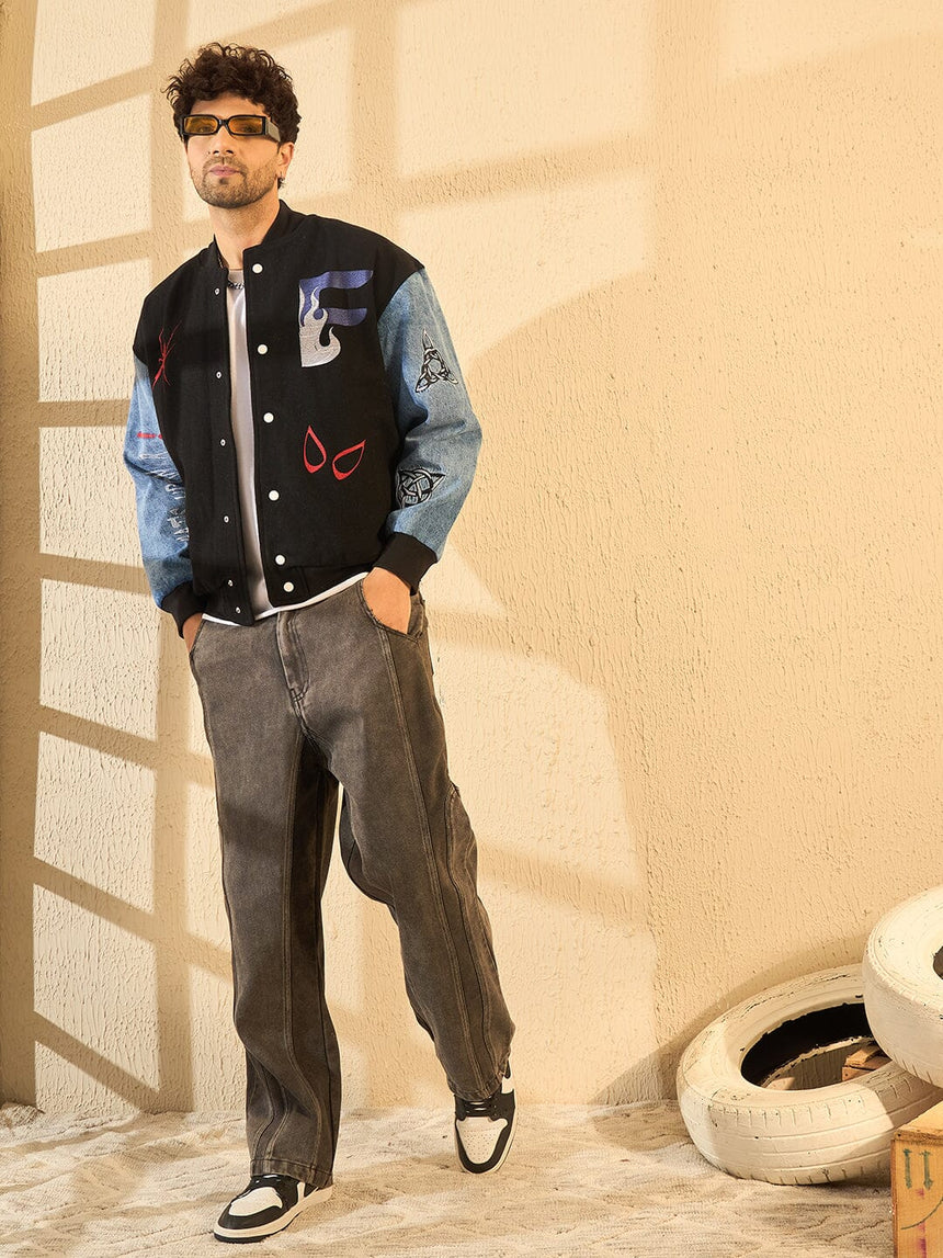 Black Woollen Tattooed Jacket With Denim Sleeves Jackets Fugazee