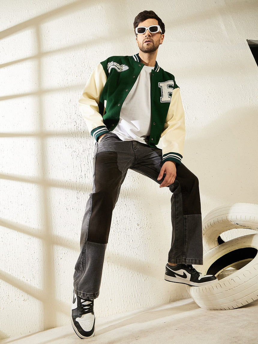 Green Woollen Faux Leather Sleeves Letterman Varsity Jacket Jackets Fugazee