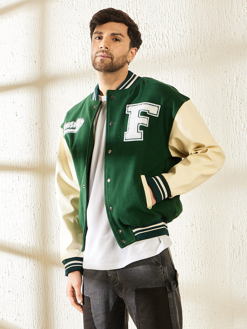 Green Woollen Faux Leather Sleeves Letterman Varsity Jacket Jackets Fugazee
