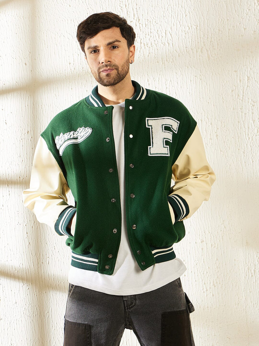 Green Woollen Faux Leather Sleeves Letterman Varsity Jacket Jackets Fugazee