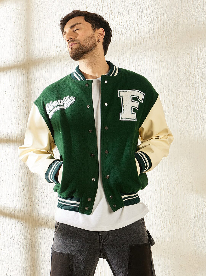 Green Woollen Faux Leather Sleeves Letterman Varsity Jacket Jackets Fugazee