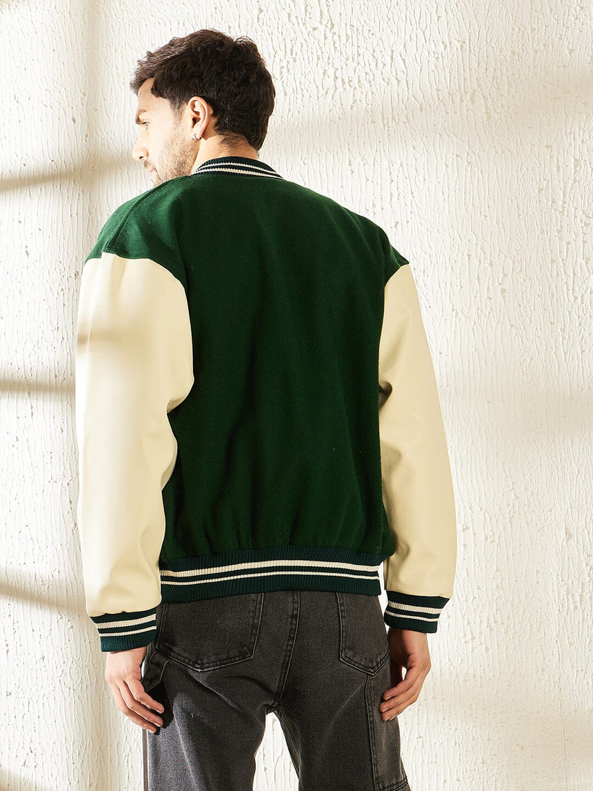Green Woollen Faux Leather Sleeves Letterman Varsity Jacket Jackets Fugazee