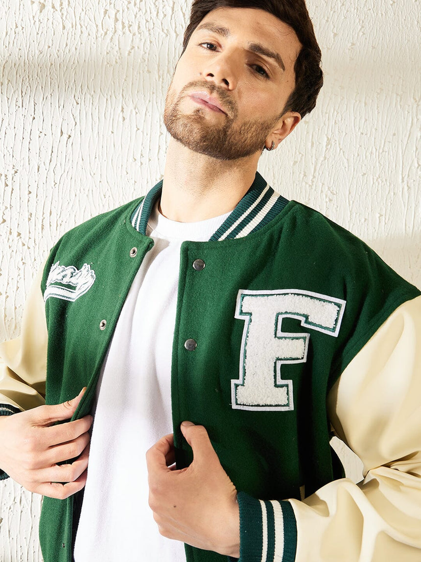 Green Woollen Faux Leather Sleeves Letterman Varsity Jacket Jackets Fugazee