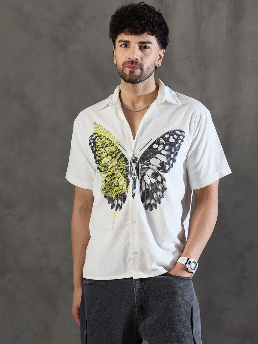 White Corduroy Butterfly Graphic Shirt Shirts Fugazee