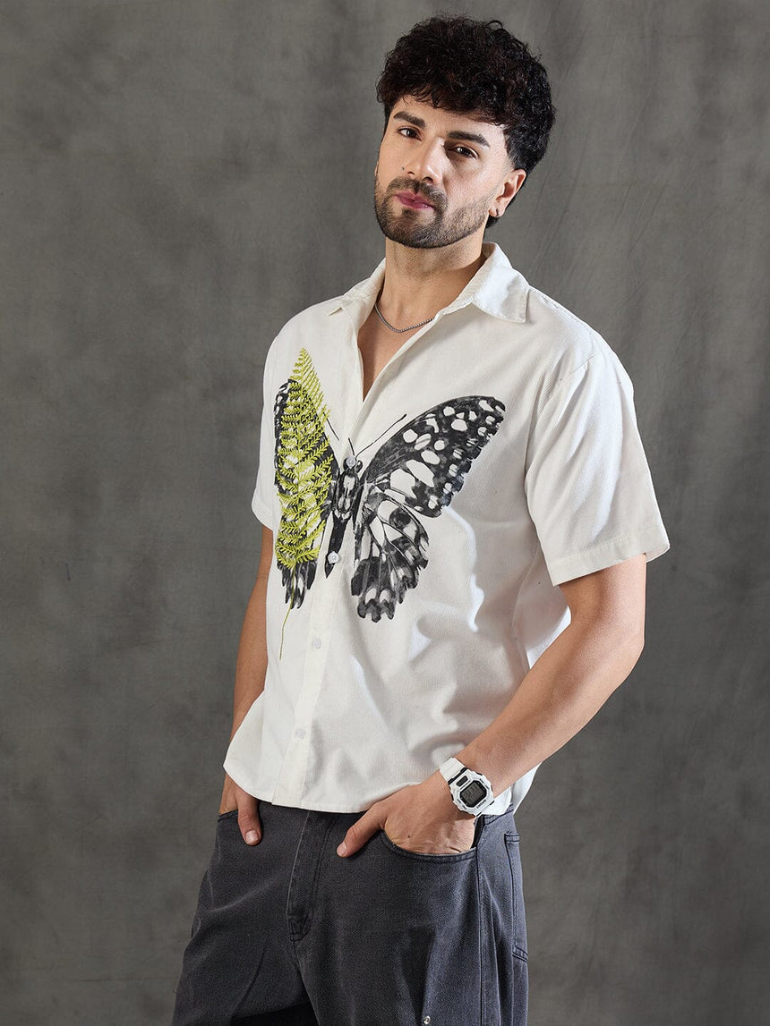 White Corduroy Butterfly Graphic Shirt Shirts Fugazee