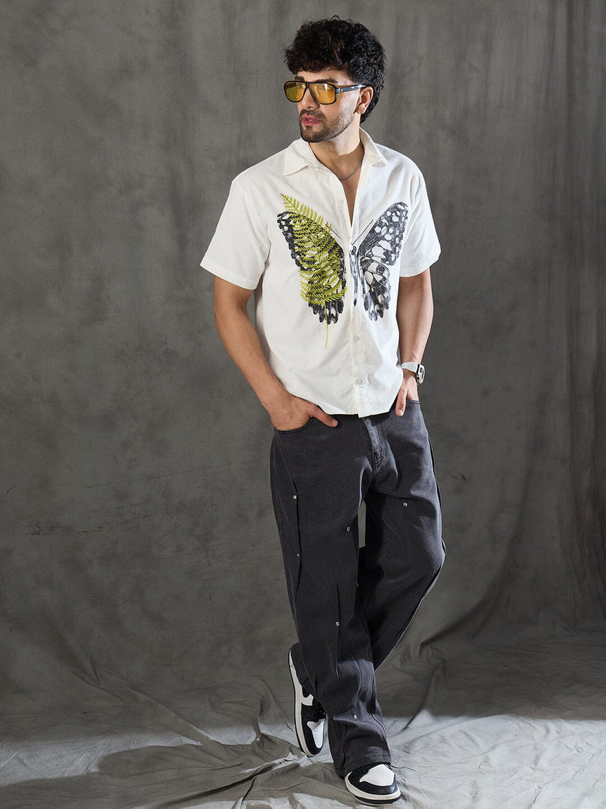White Corduroy Butterfly Graphic Shirt Shirts Fugazee