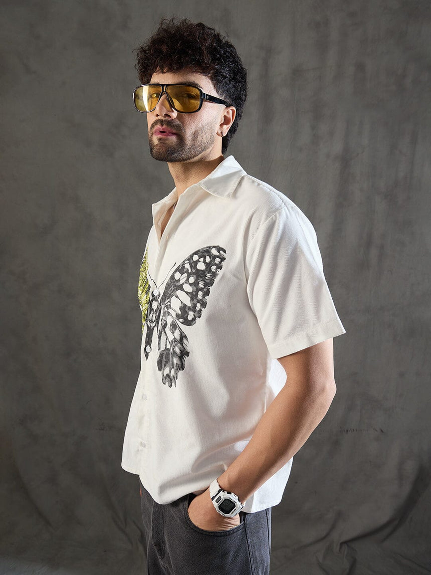 White Corduroy Butterfly Graphic Shirt Shirts Fugazee