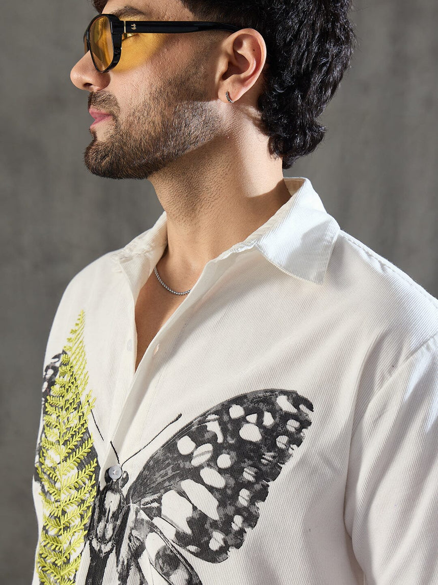 White Corduroy Butterfly Graphic Shirt Shirts Fugazee