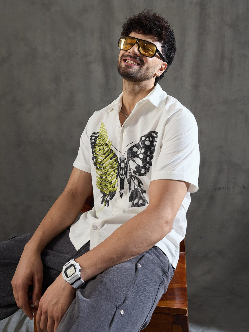 White Corduroy Butterfly Graphic Shirt Shirts Fugazee