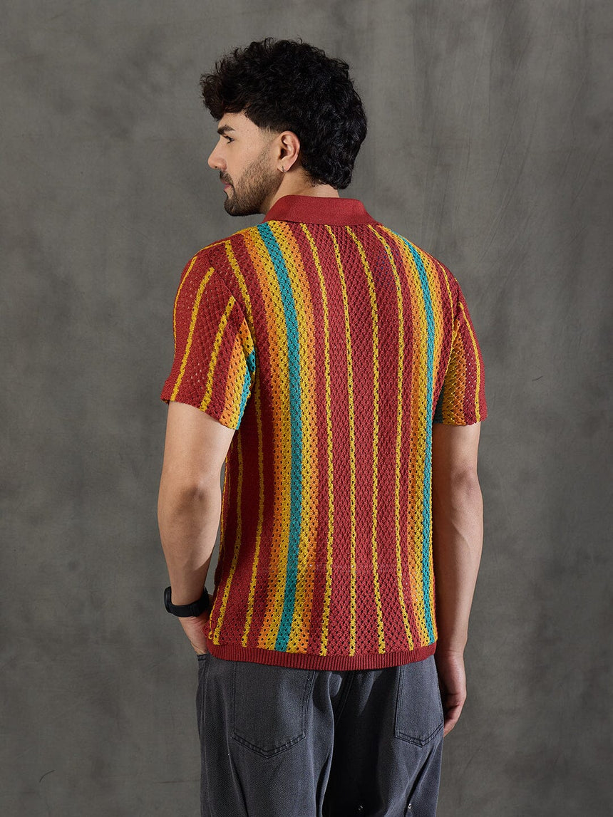Paprika Red Striped Crochet Knitted Shirt Shirts Fugazee