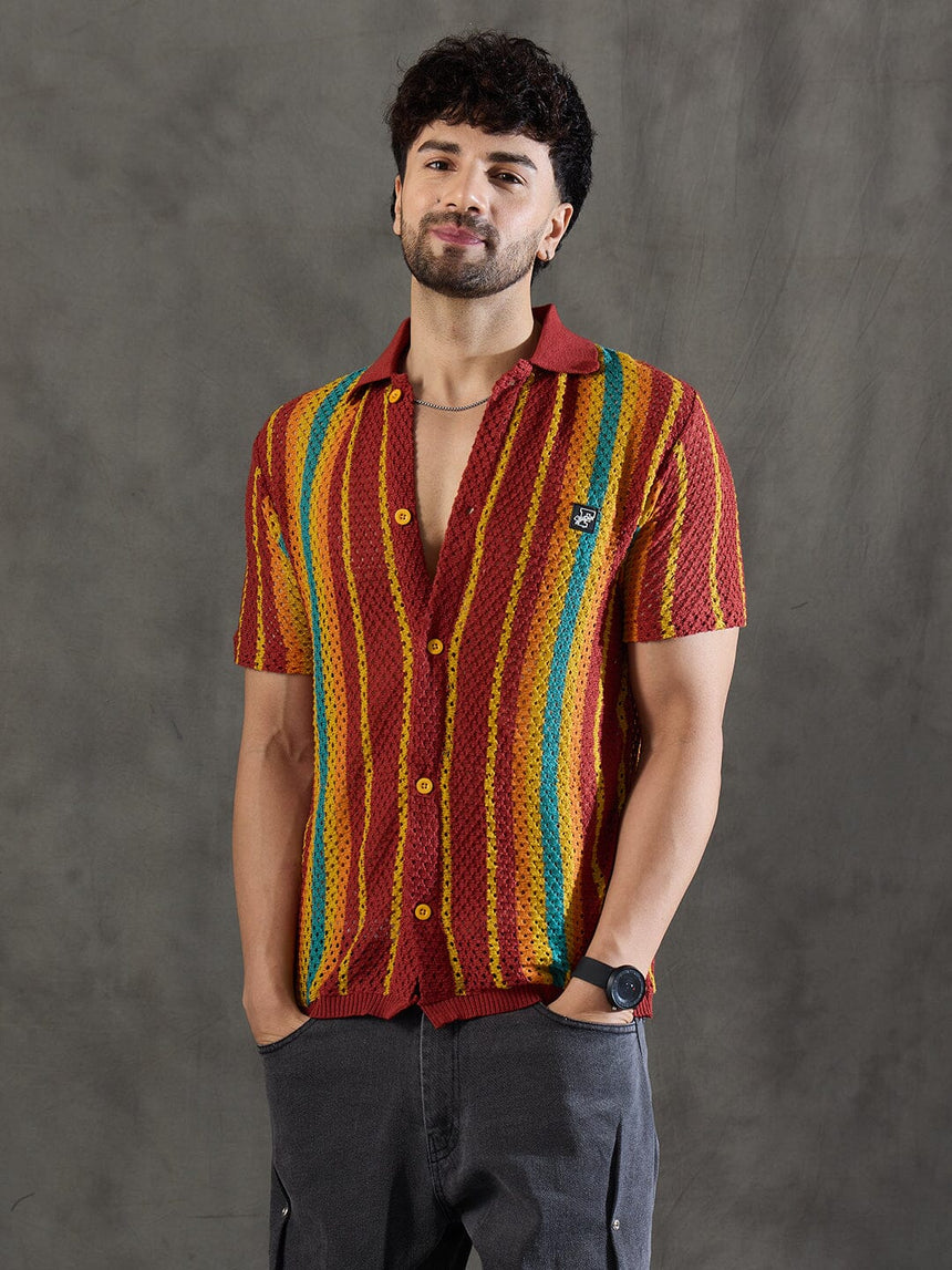 Paprika Red Striped Crochet Knitted Shirt Shirts Fugazee