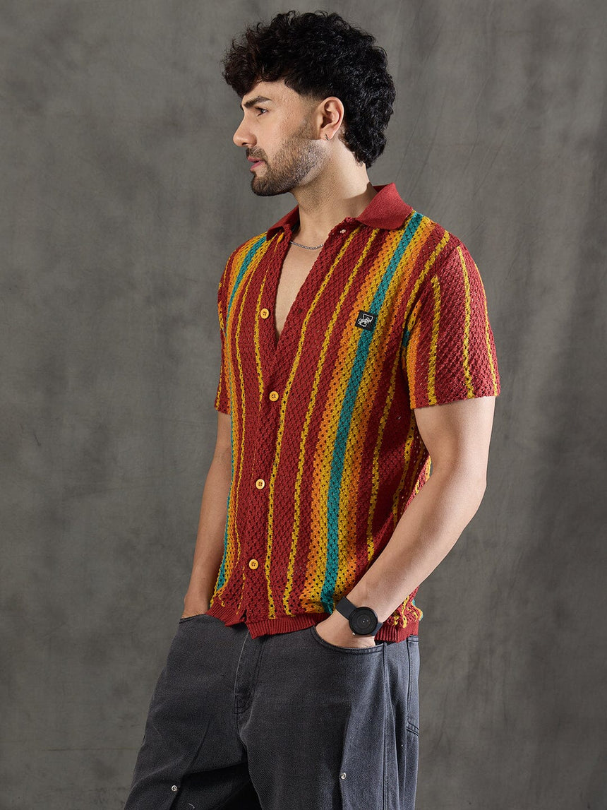 Paprika Red Striped Crochet Knitted Shirt Shirts Fugazee