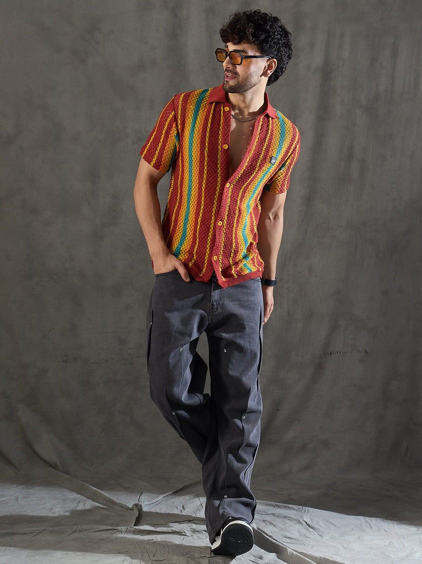 Paprika Red Striped Crochet Knitted Shirt Shirts Fugazee