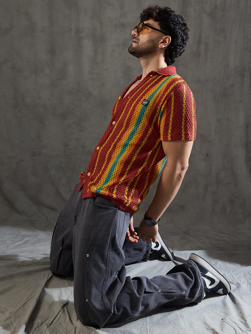Paprika Red Striped Crochet Knitted Shirt Shirts Fugazee