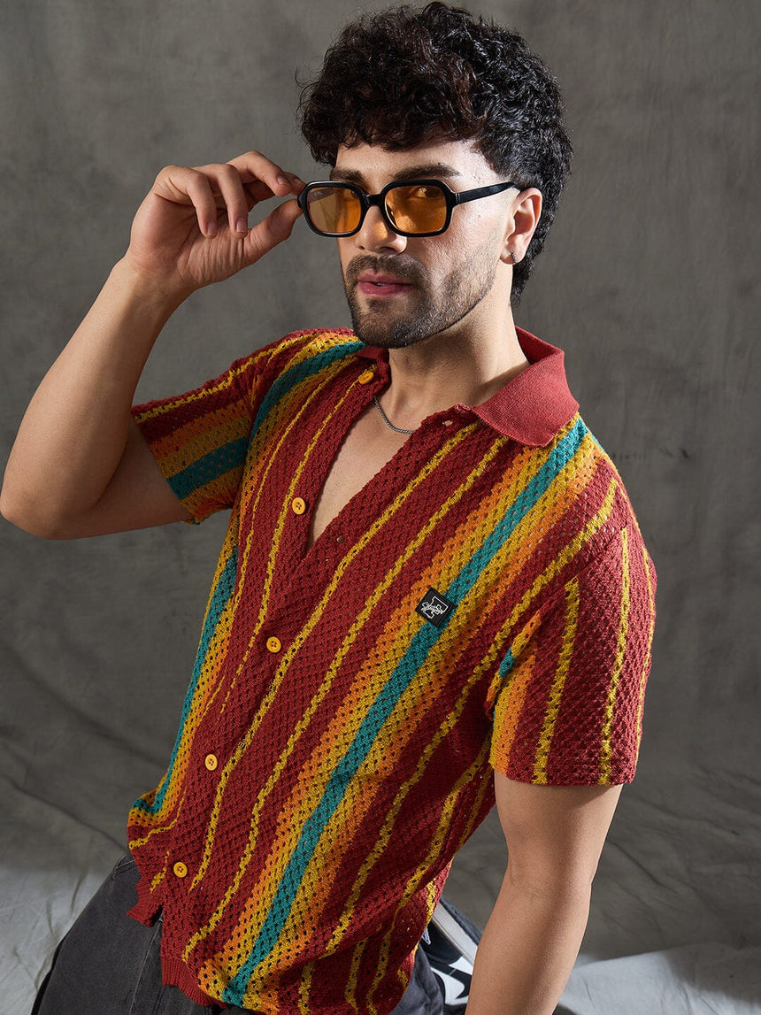 Paprika Red Striped Crochet Knitted Shirt Shirts Fugazee