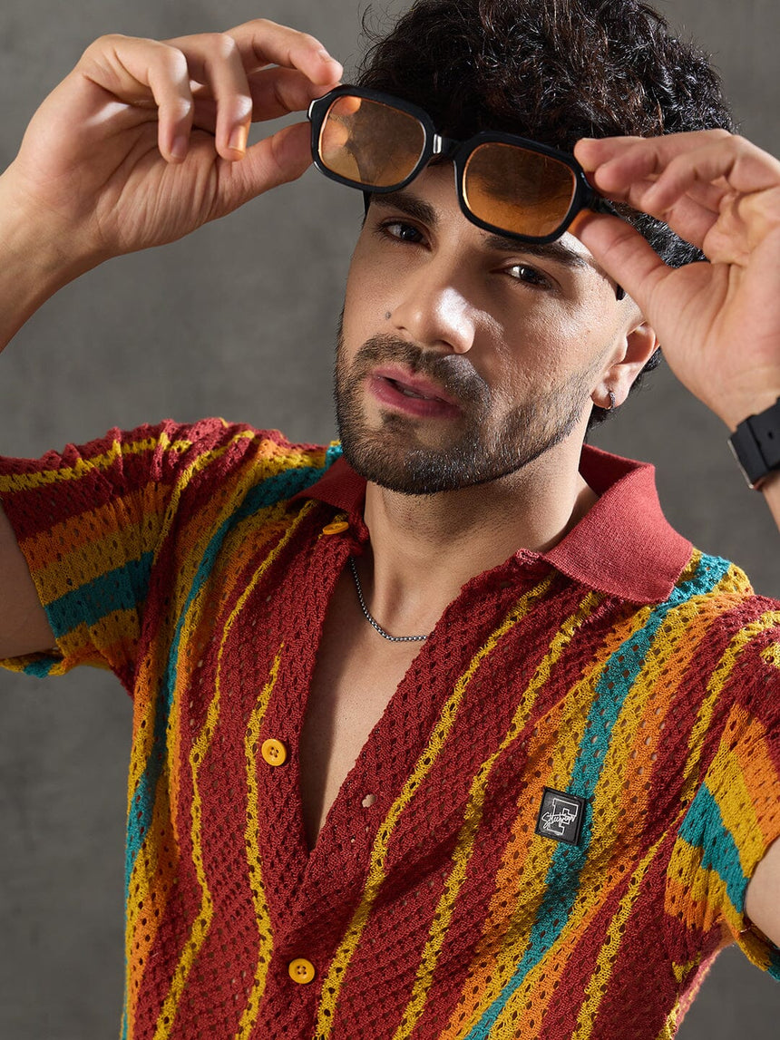 Paprika Red Striped Crochet Knitted Shirt Shirts Fugazee