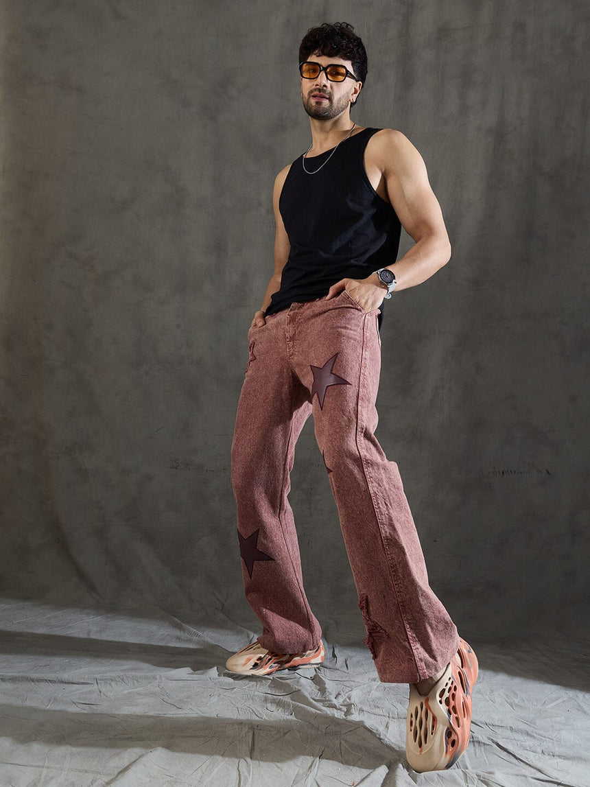 Copper Brown Star Embroidery Flared Denim Jeans Fugazee