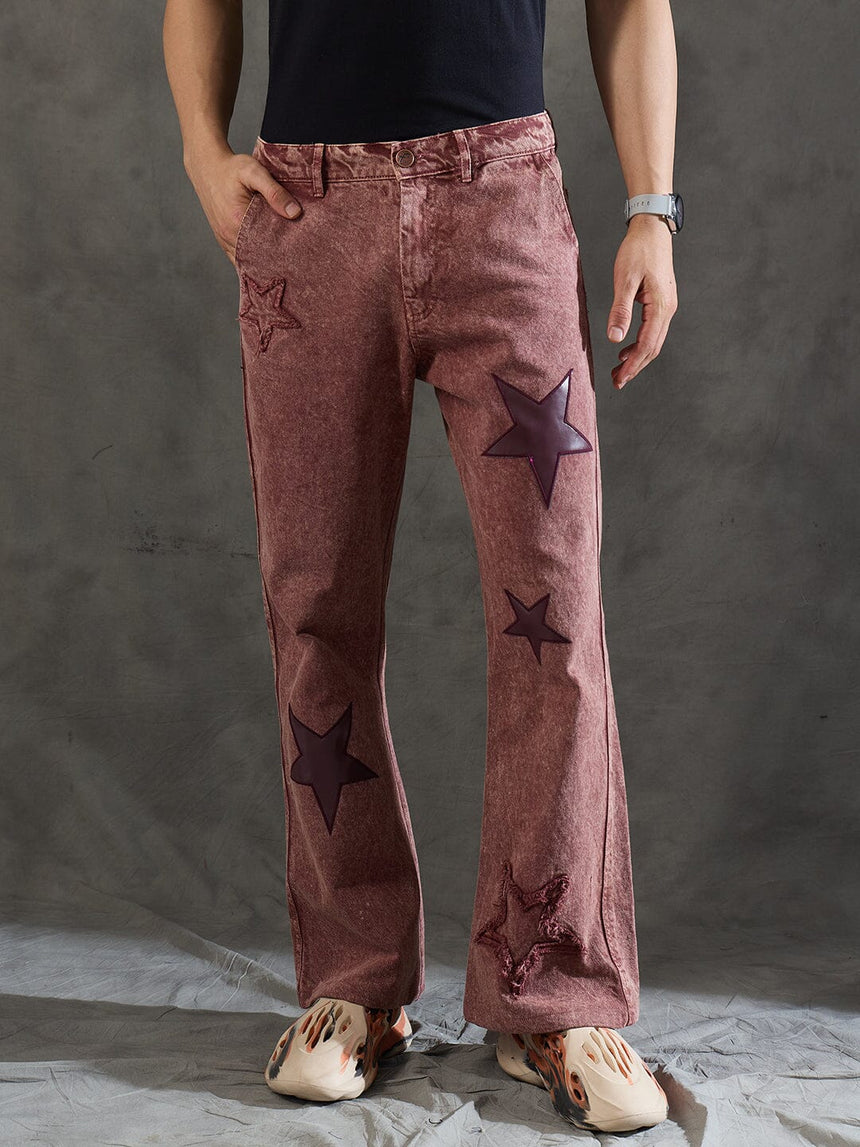 Copper Brown Star Embroidery Flared Denim Jeans Fugazee