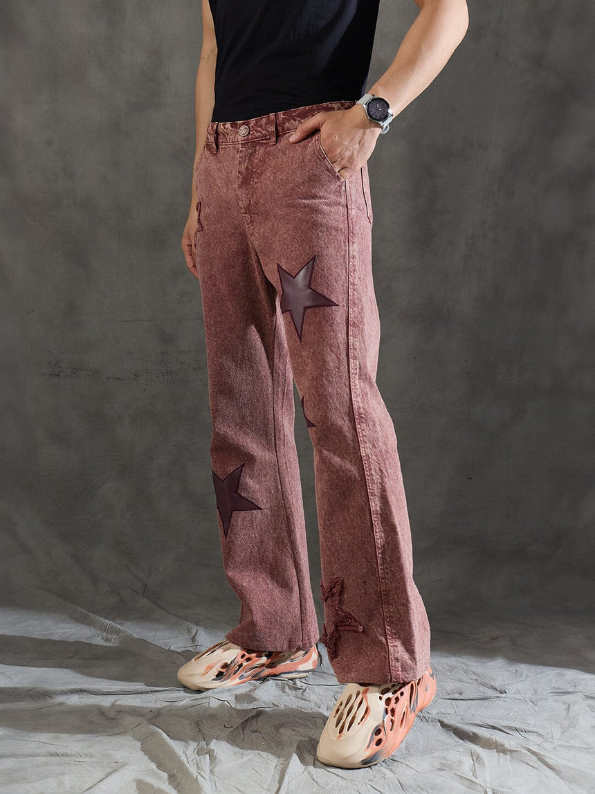 Copper Brown Star Embroidery Flared Denim Jeans Fugazee