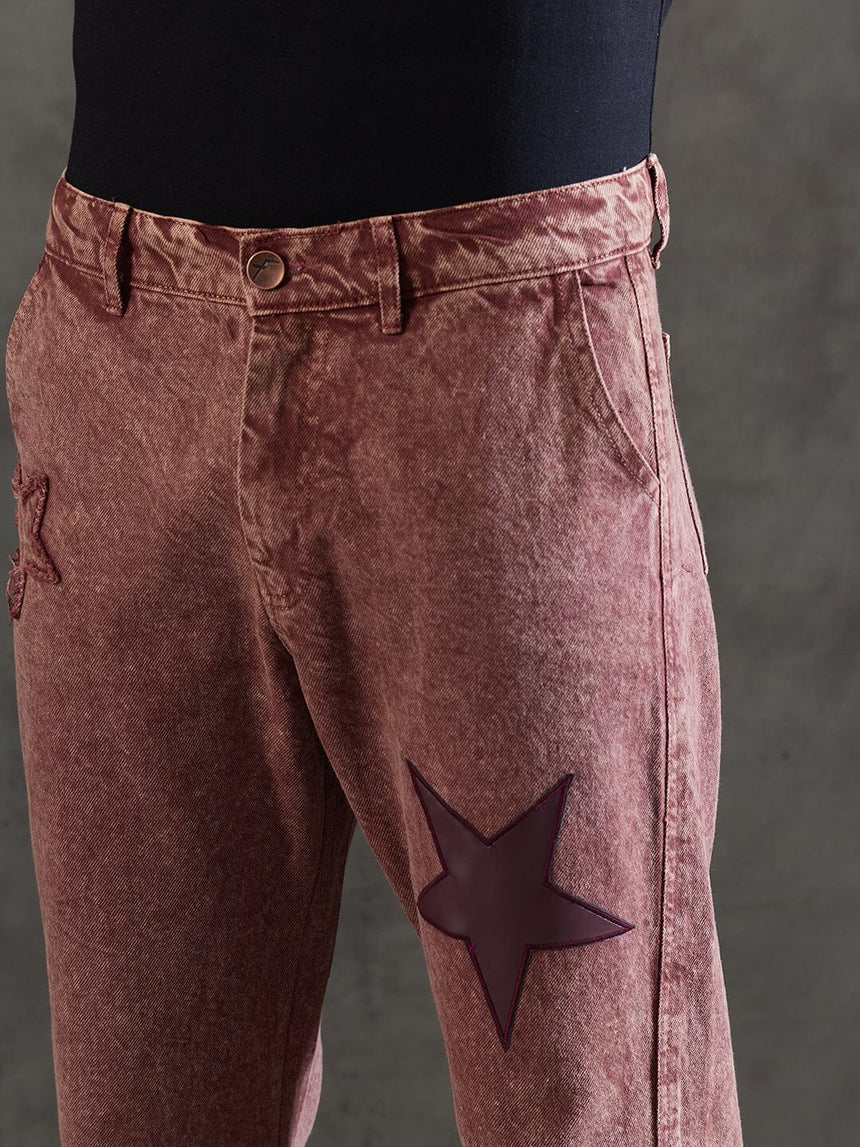 Copper Brown Star Embroidery Flared Denim Jeans Fugazee