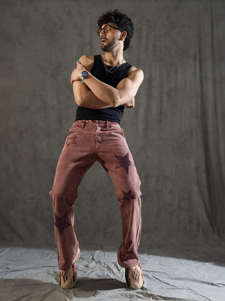 Copper Brown Star Embroidery Flared Denim Jeans Fugazee