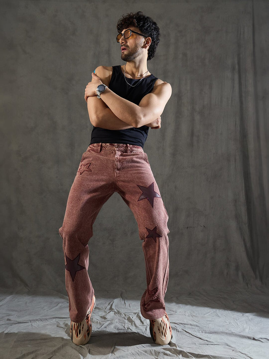 Copper Brown Star Embroidery Flared Denim Jeans Fugazee