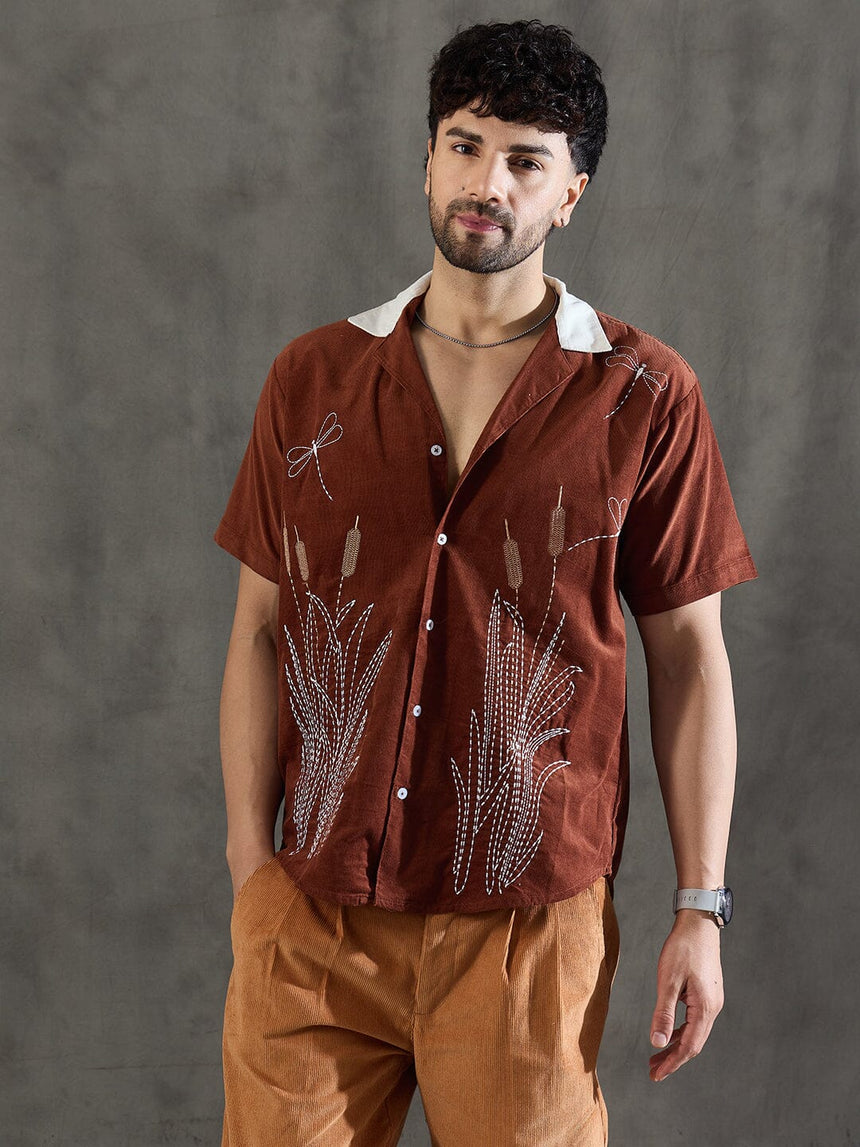 Brown Dragon Fly Embroidery Cuban Shirt Shirts Fugazee
