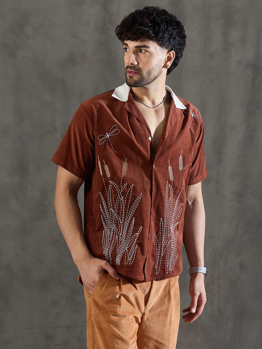 Brown Dragon Fly Embroidery Cuban Shirt Shirts Fugazee