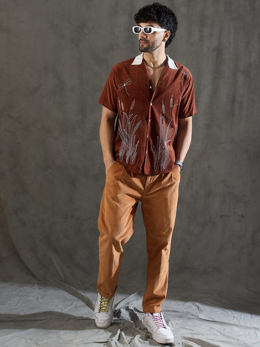 Brown Dragon Fly Embroidery Cuban Shirt Shirts Fugazee