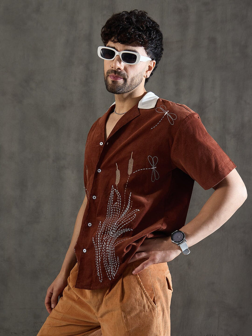 Brown Drangon Fly Embroidery Cuban Shirt Shirts Fugazee