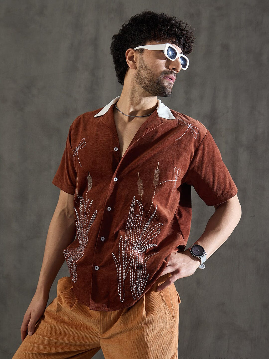 Brown Drangon Fly Embroidery Cuban Shirt Shirts Fugazee