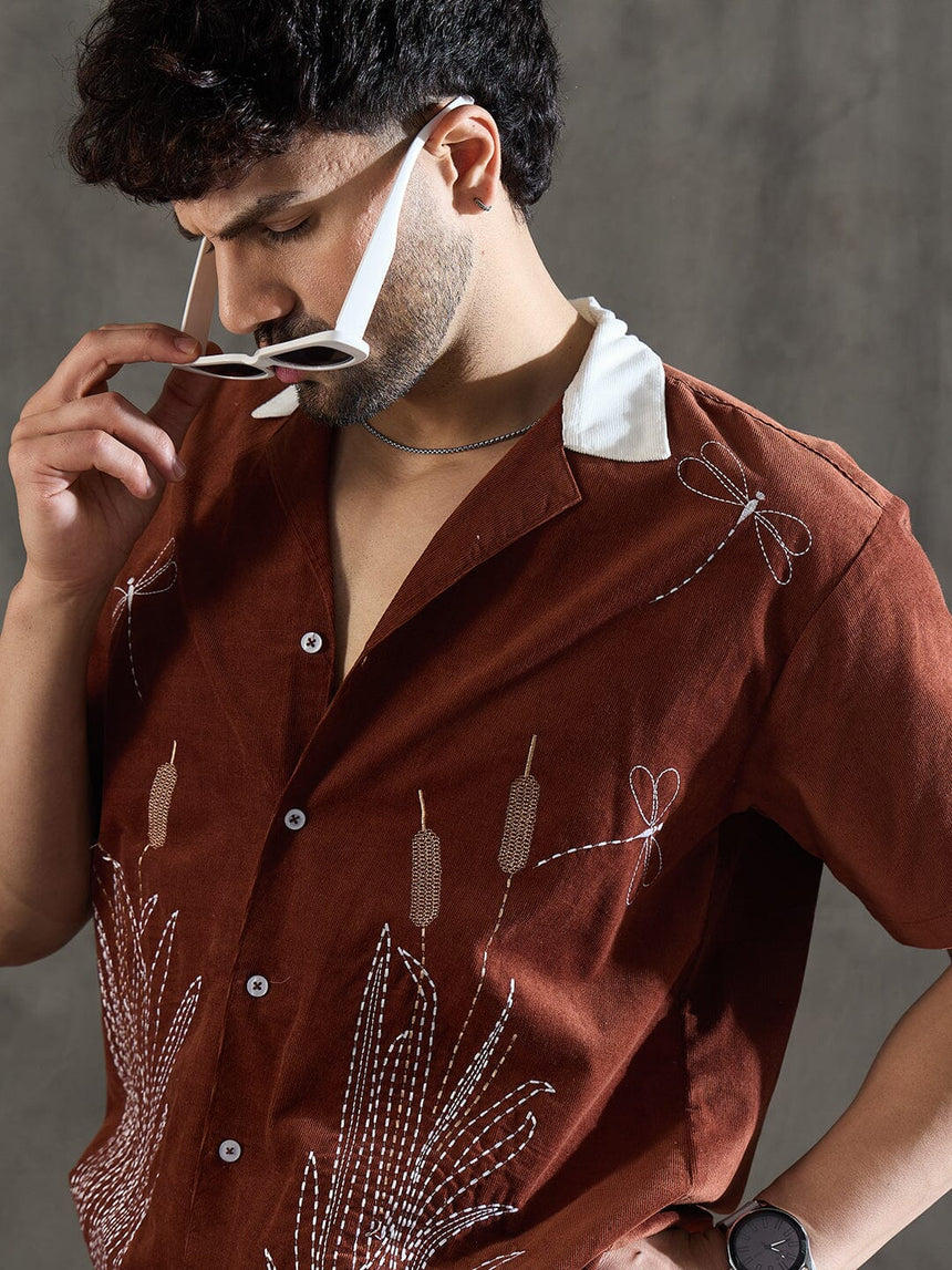 Brown Dragon Fly Embroidery Cuban Shirt Shirts Fugazee