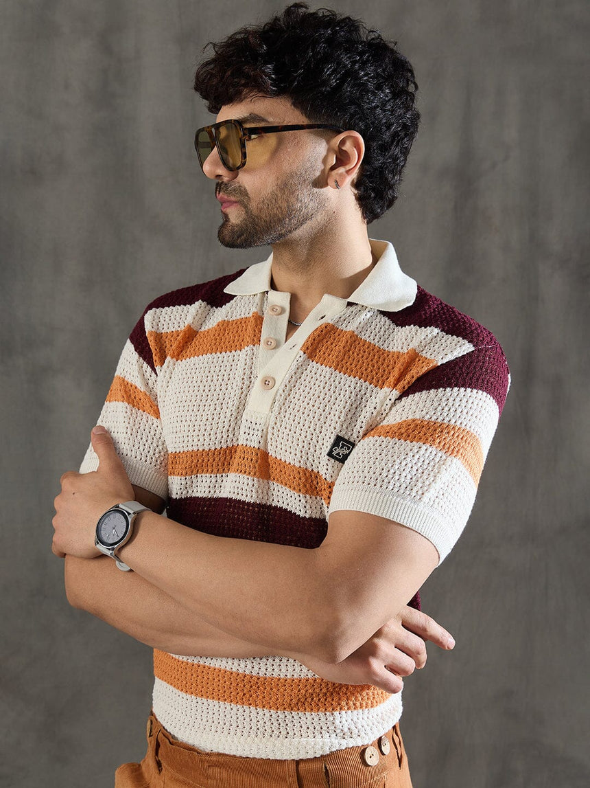 White Striped Knitted Polo Tshirt T-shirts Fugazee