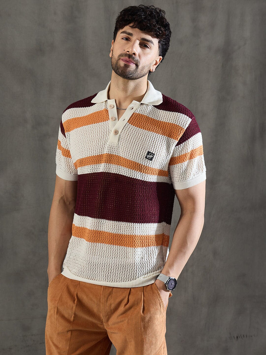 White Striped Knitted Polo Tshirt T-shirts Fugazee