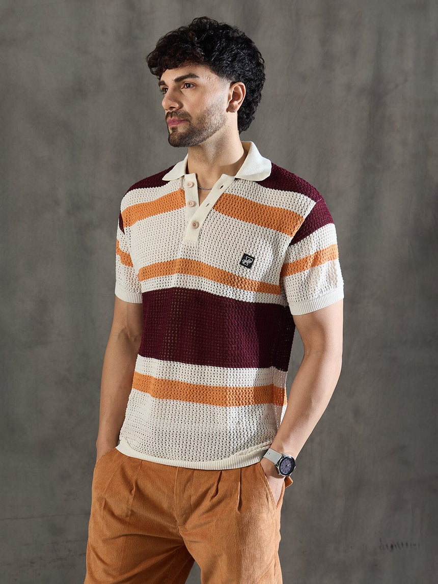 White Striped Knitted Polo Tshirt T-shirts Fugazee
